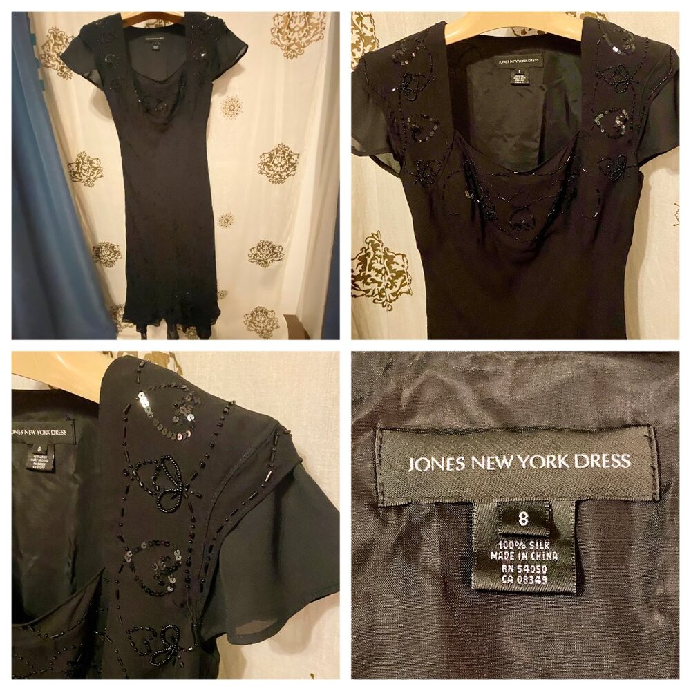 Vtg Y2K Dress Jones New York Black Silk Beaded Fairy Whimsigoth Coquette LBD 8